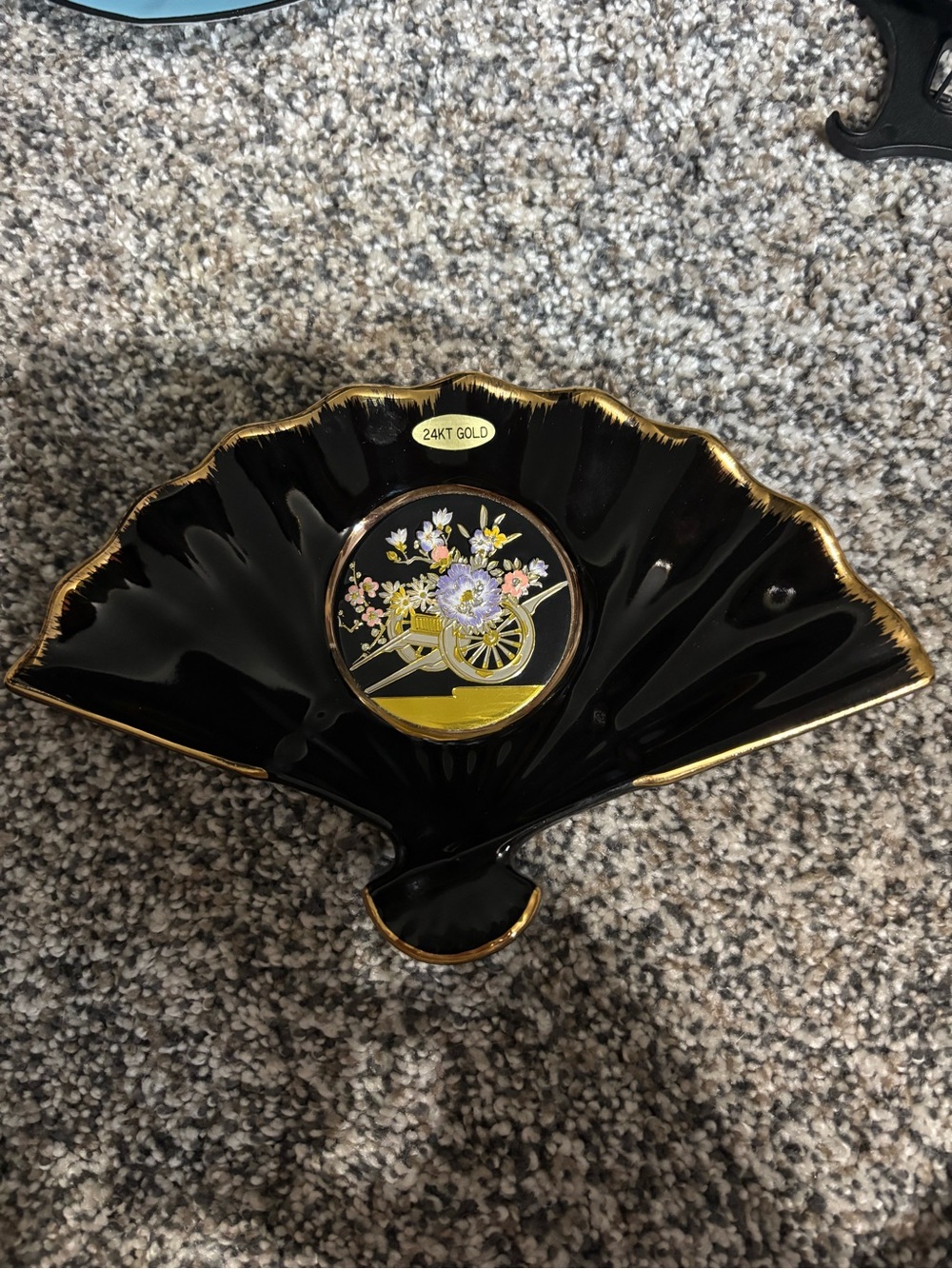 Black Fan-Shaped Decorative Dish with 24KT Gold Trim & Floral Cart Wheel Motif